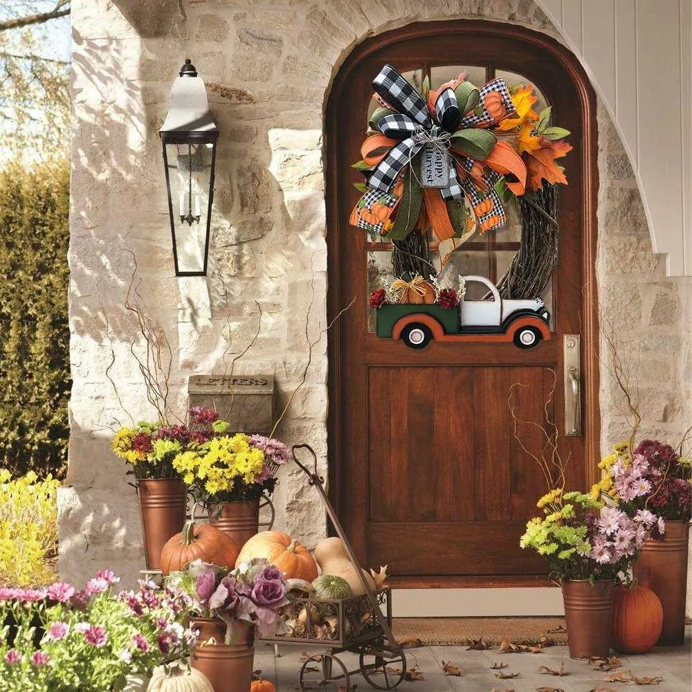 ハロウィーンカボチャトラックの花輪の秋の玄関農場秋の車の装飾ドアプレート装飾ドロップシップQ08129389618