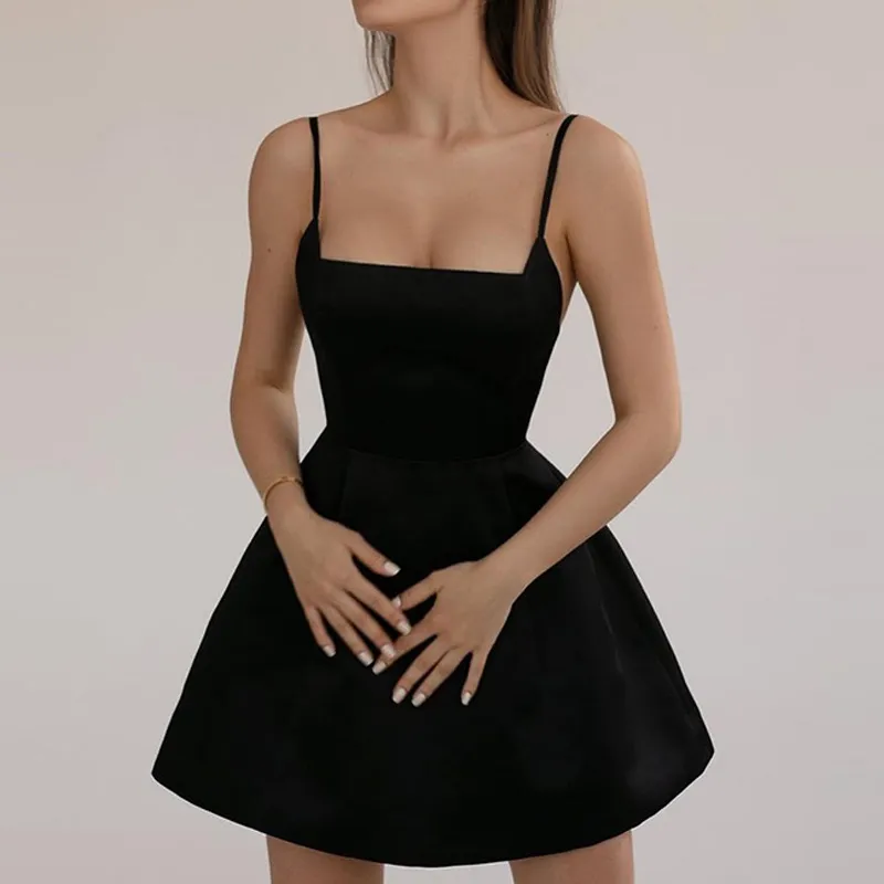Spaghetti Strap Dress for Women Satin Summer Black Red Sexy Party Bandage Backless A-Line Mini Silk Dresses 210521
