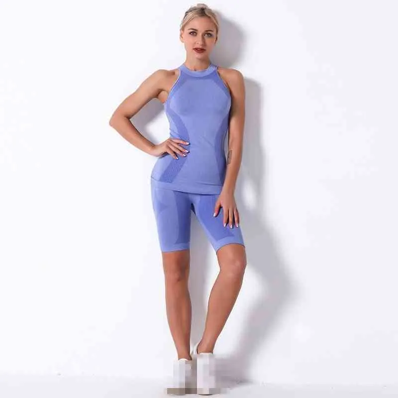 Summer Fitness Set Woman Sleeveless Skinny Yoga Vest Stretchy Running Top + Workout Shorts Seamless Gym Pants Mujer 210514