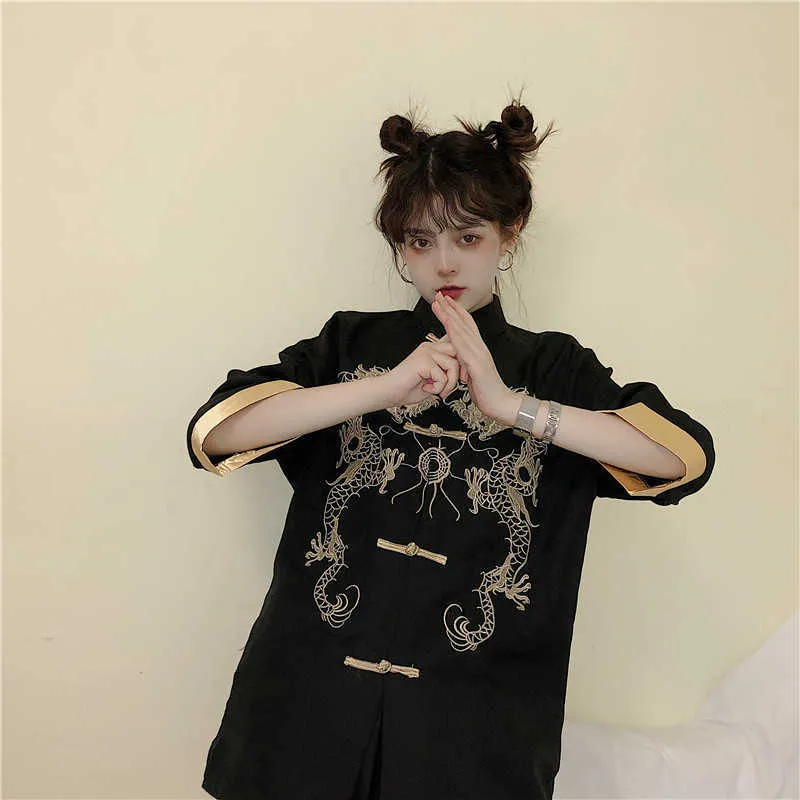 Черно -готическое костюм платье для рубашки для девочек, китайская традиционная блузя, одиночная грудь, вышиваемая пиджака, пальто 210702