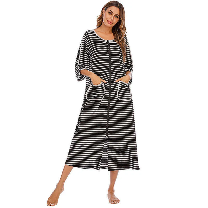 Witbuy Indumenti da notte lunghi da donna Cerniera morbida Abiti da notte Camicia da notte autunnale Kimono a righe caldo Abbigliamento da notte Accappatoio premaman Pigiama 210831