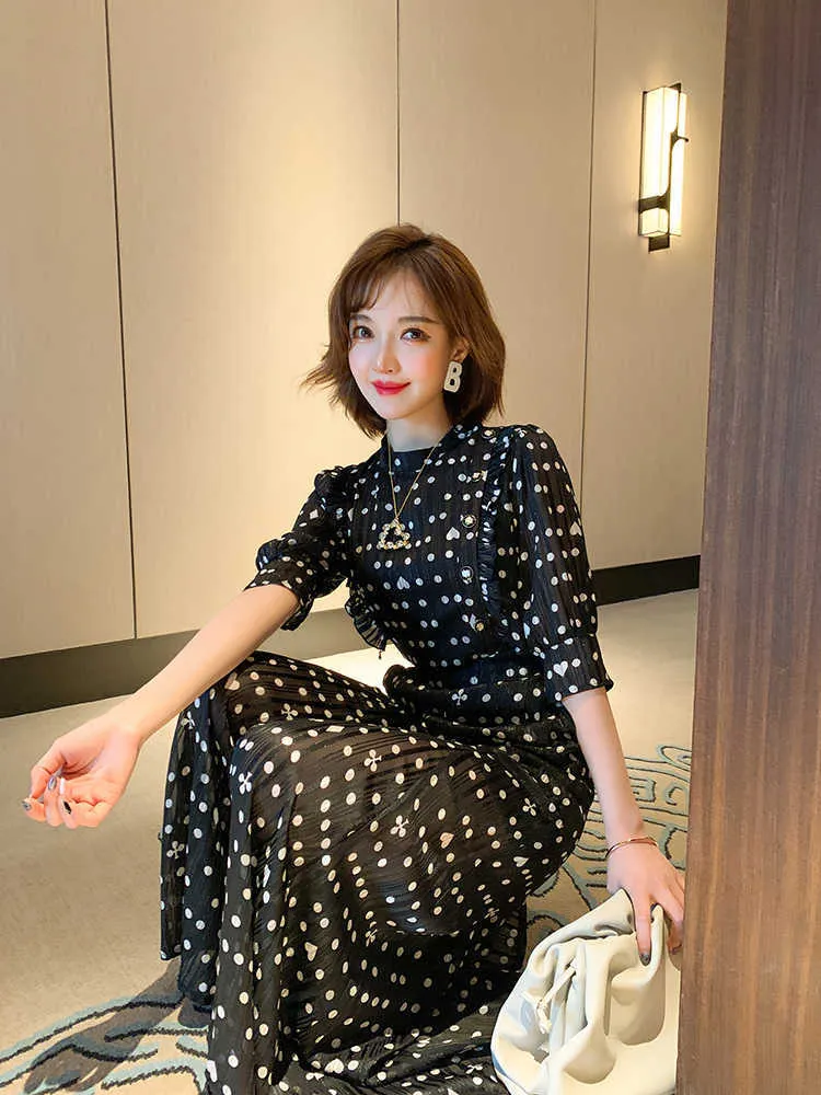 Fashion Women Polka Dot Trousers Suit Summer Chiffon O Neck Ruffles Shirt + Holiday Ladies Pleated Wide-Leg Length Pants Set 210721