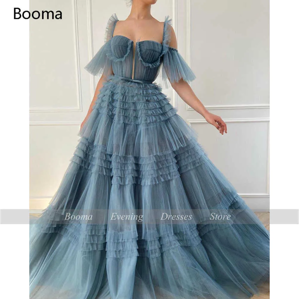 Booma Blue Długi Prom Dresses Sweetheart Crumpled Tulle Ruffles Suknie Wieczorowe Off Ramię Losted A-Line Dresses Bow Belt 210719
