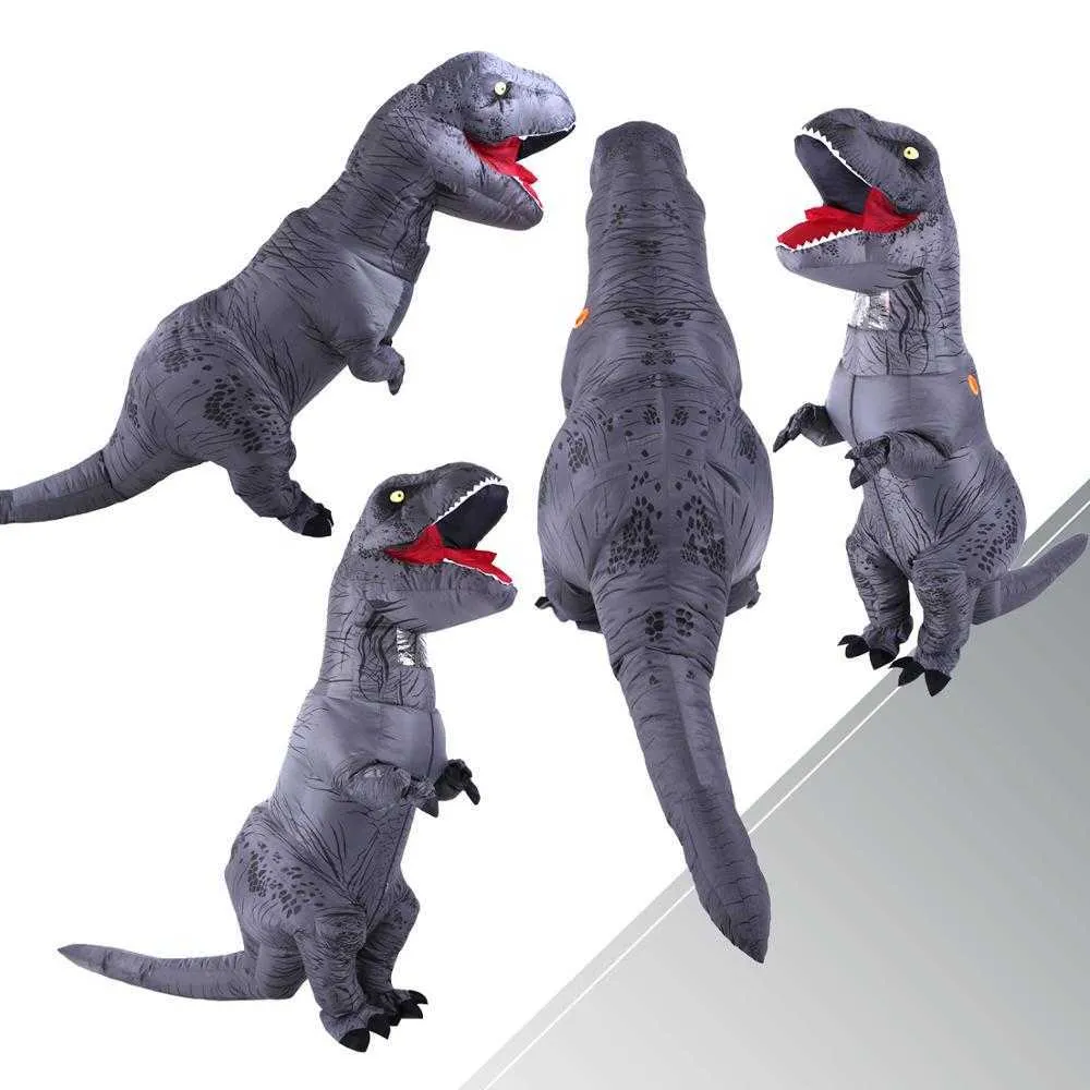 Взрослый надувной костюм костюма динозавров Серый T REX Взрытие костюма талисмана косплей для мужчин для мужчин Детей Dino мультфильм Q0910