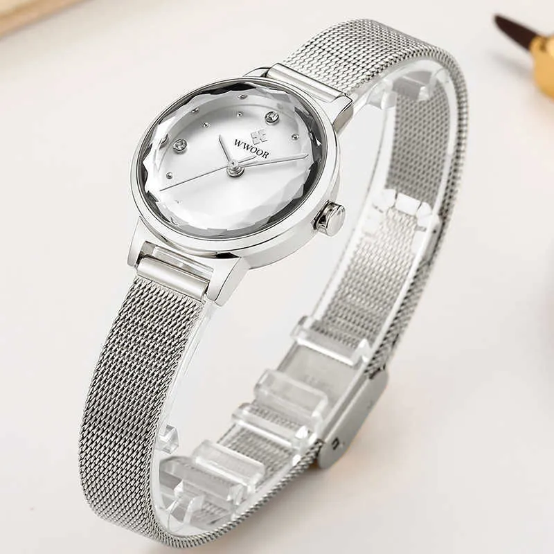 Wwoor prata relógio feminino relógios senhoras criativo aço pulseira relógios feminino à prova dwaterproof água relógio relogio feminino 210603214p
