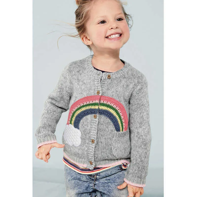Meninas roupas outono primavera crianças camisolas cardigan arco-íris padrão manga comprida bordado outerwear crianças knit 211011