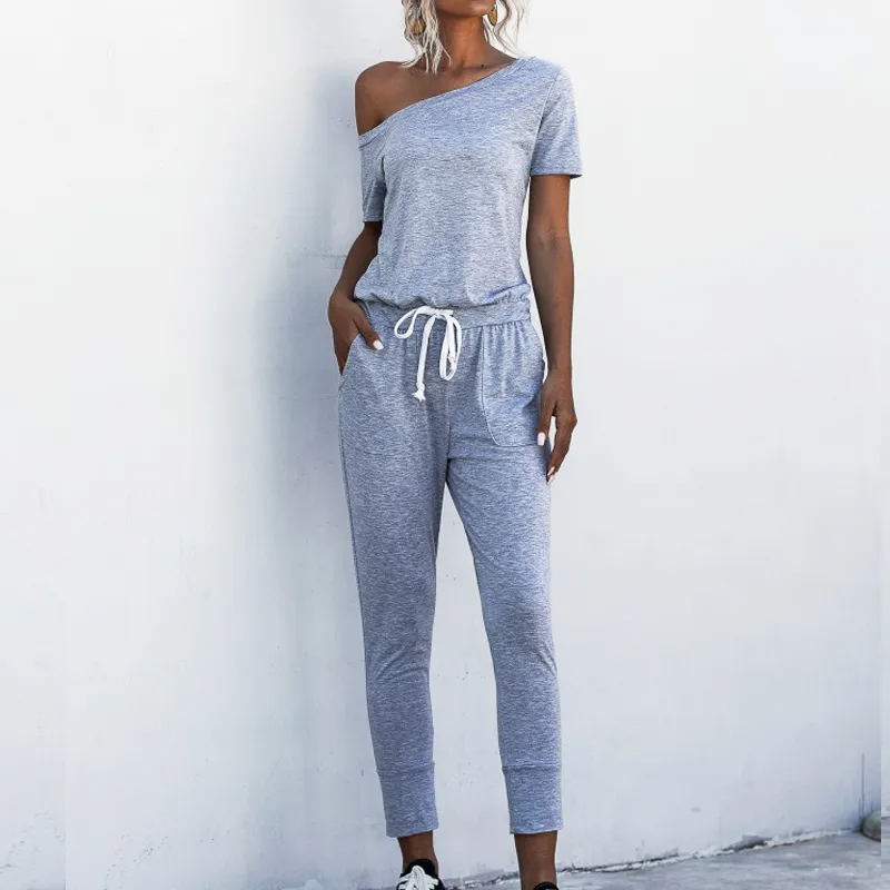 Lente Zomer Bodysuit Dames Streetwear Casual Off-Shoulder Short-Mouwen Pocket Lace-up Zwarte Dames Strapless Jumpsuit 210514