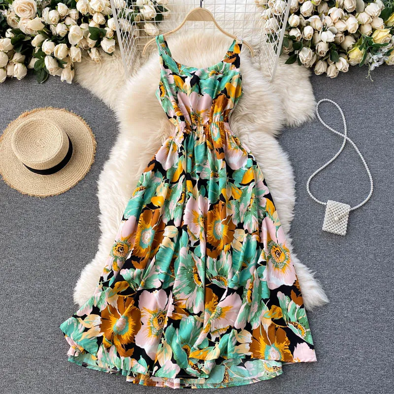 Spring Temperament Flower Print Vestige Feminine Strapless Slim Slimming Suspender Square Neck Midi Dress C699 210506