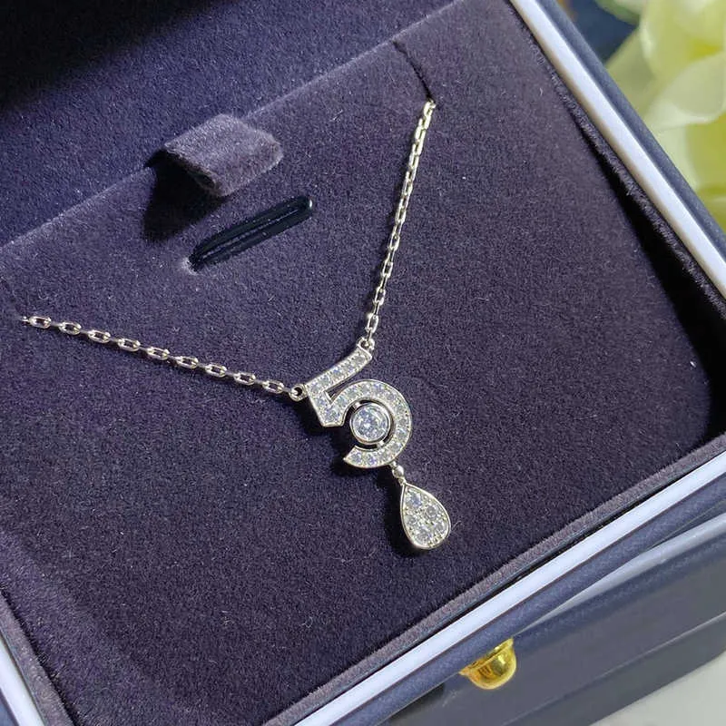 Märke ren 925 sterling silver smycken för kvinnor bokstav 5 diamant vatten droppe hänge söt blomma party lyx varumärke halsband3201