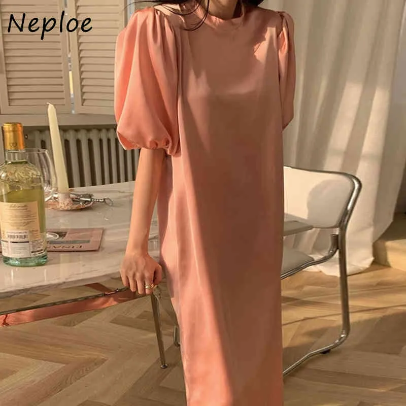 O cou pull à manches courtes solide Robe femmes taille haute hanche une ligne Vestidos été rose Simple Ol travail Robe 210422