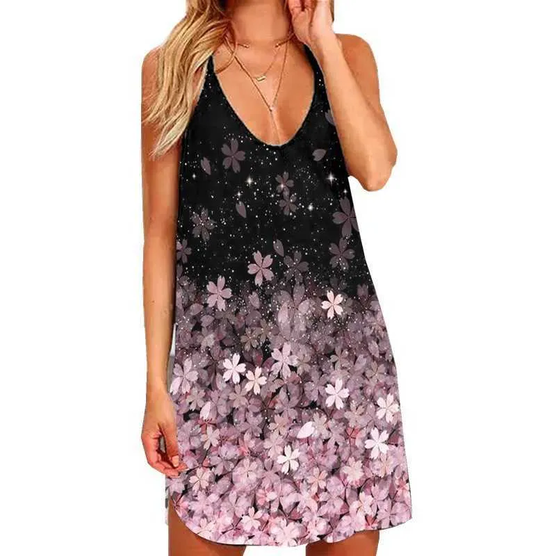 Sexy halter v cuello sin mangas estrella cielo impresión tanque vestido mujeres verano casual suelto ahueca hacia fuera sin respaldo una línea mini tamaño grande 210526