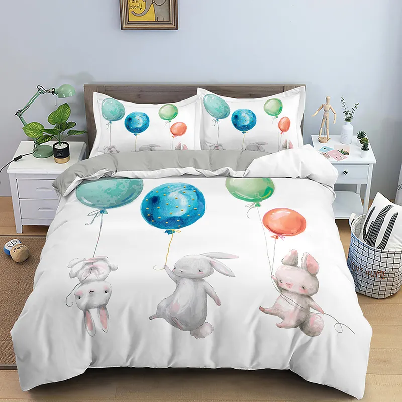 Crianças conjuntos de cama presentes bonito coelho impressão conjunto poliéster capa edredão para crianças meninas meninos 23 pçs 2202124495637
