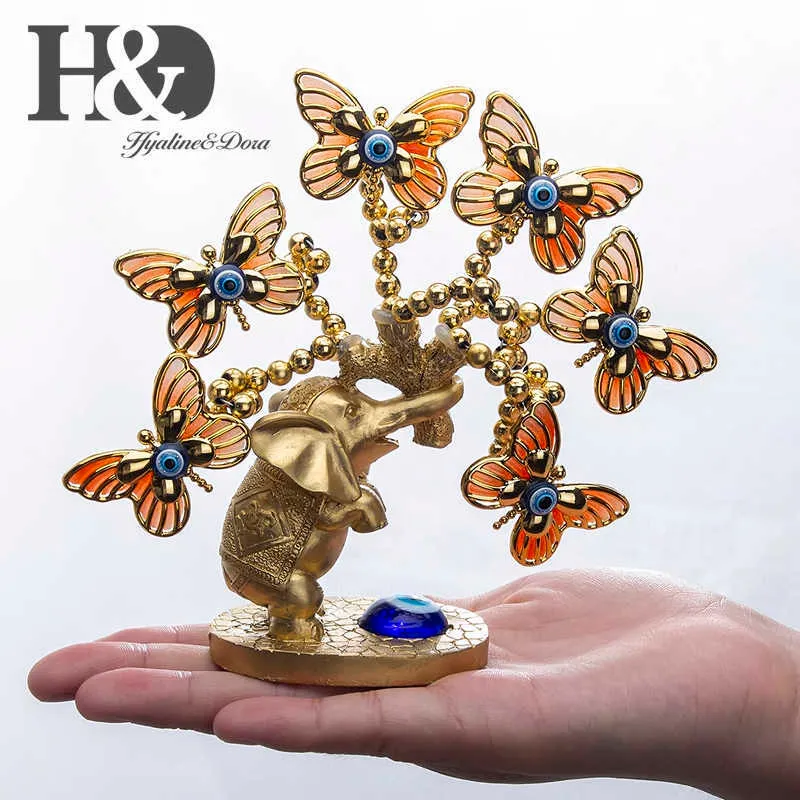 H&D Resin Elephant Butterfly Tree Figurine Lucky Blue Evil Eye for Money Protection Wealth Good Luck Xmas Gift Home Decor 210804