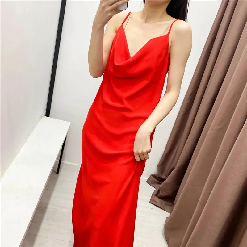 Sukienka Red Camisole Sexy Party Kobiety Eleganckie Regulowane Rękawów Pasek Backless Slip Lato Długie ES 210519