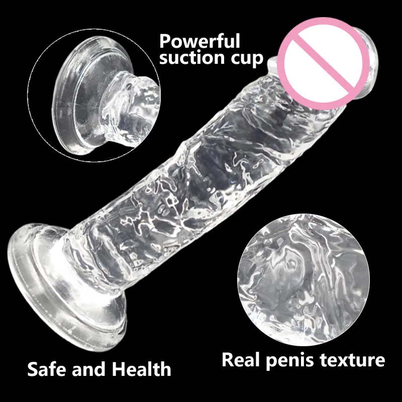 Nxy Sex Products Dildos Crystal Transparent Dildo Soft Realistic Penis Strong Suction Jelly Lul Anal Butt Plug Erotic Game for Women Nep Dick s 1216