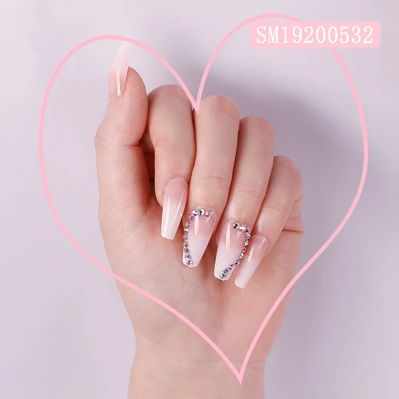 French Nude Pink Ombre Nails Ballerina Long Coffin Glossy Colored diamonds Fake Press on Nail False Tips Manicure for Women and Girls