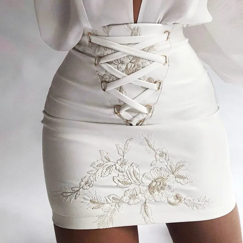 Sexy Women PU Leather Embroidered Skirts Bandage Lace Up High Waist Mini Skirts Party Pencil Leather Skirts X0522