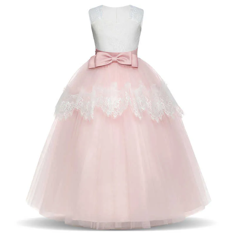 5-14y Dziewczyny Dziewczyny Long Biała koronkowa suknia balowa suknia balowa sukienki dla dzieci Dziewczyna Princess Wedding Dzieci Pierwsza sukienka komunalna Q0716