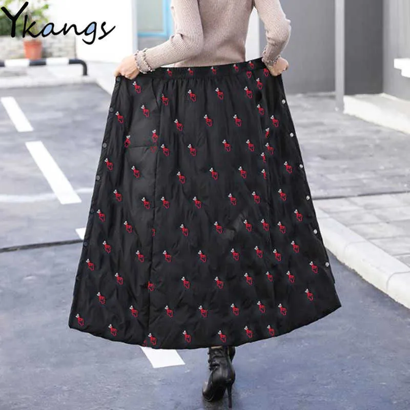 刺繍冬の綿の厚い暖かいスカート女性のハイウエストプラスサイズボタン長いスカート韓国ファッションレディースファルダス210619