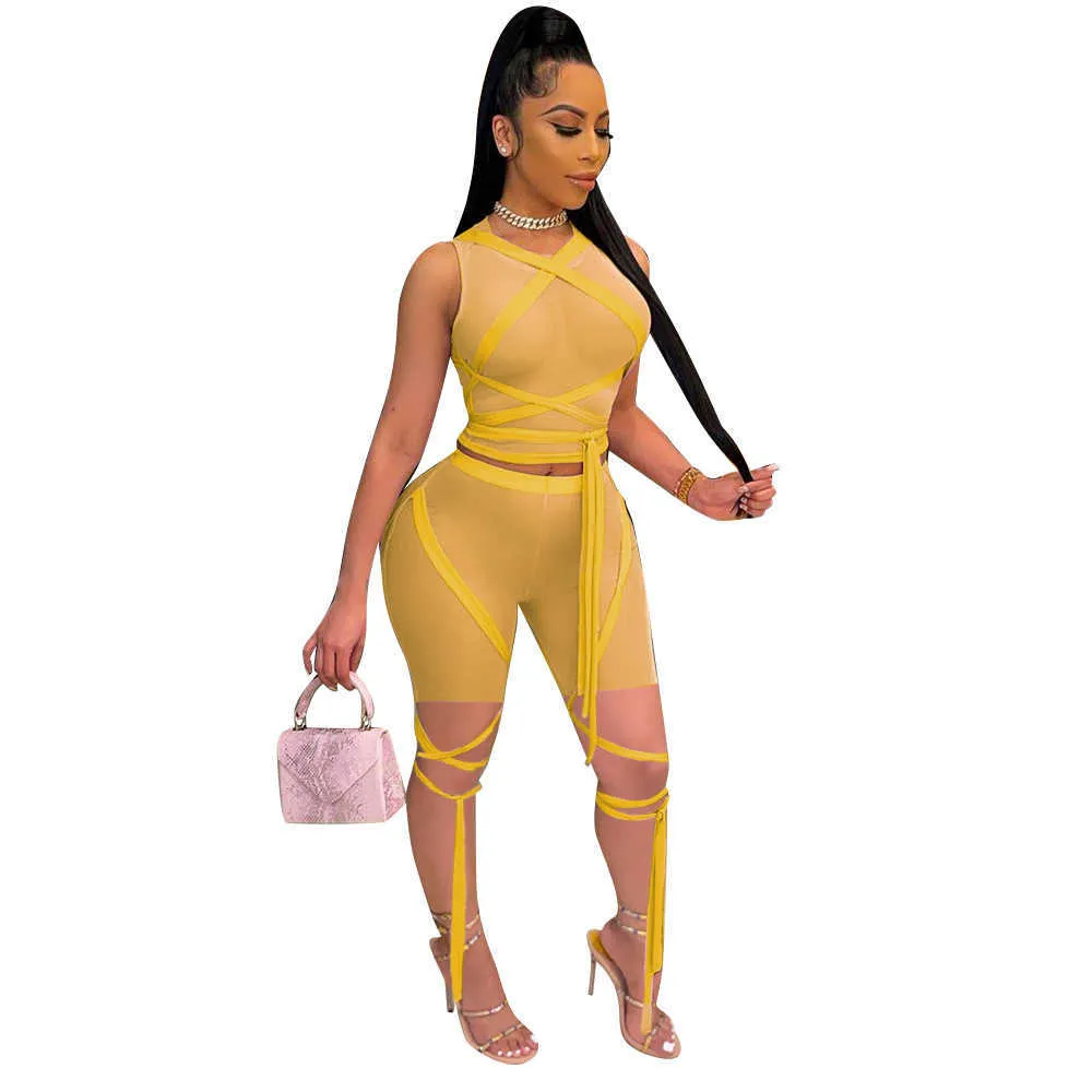 Adogirl Mesh Sheer Summer Outfits Two Piece Set Lace Up Crop Top Bodycon Shorts for Women Tracksuit Sexy Club Matching Sets Y0702