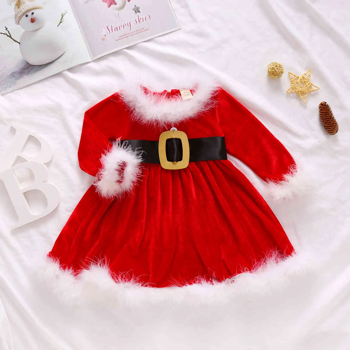 6M-4Yクリスマスの赤ちゃんガールドレスクリスマス赤のベルベットぬいぐるみチュチュパーティードレスの女の子の衣装210515