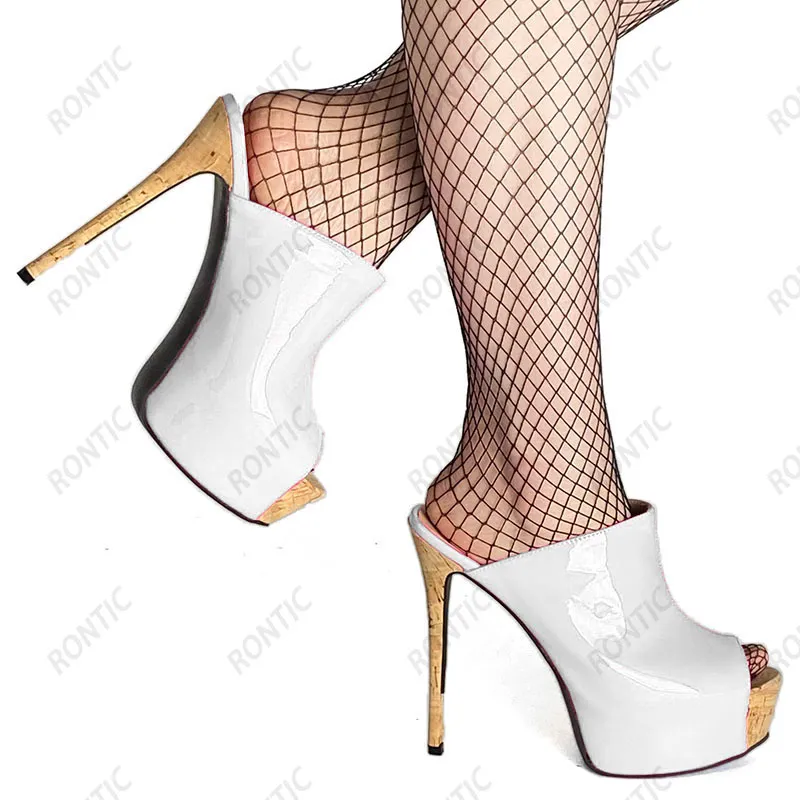 Rontic 100% fait à la main femmes Mules sandales en cuir verni Sexy talons aiguilles Peep Toe belles chaussures de fête dames taille américaine 5-20