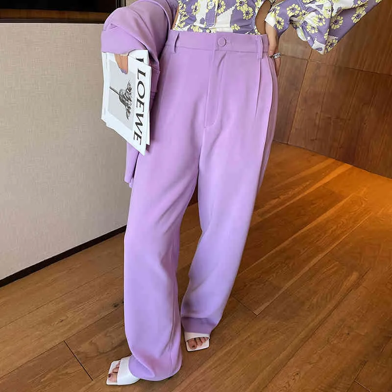 Tempérament Blazer à bouton unique violet et pantalon à taille haute deux pièces pour femmes en printemps femelle 5c900 210427