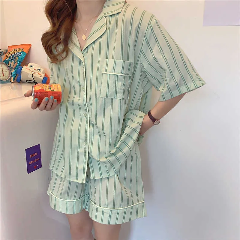 Casual Algodão Striped Breve Pijama Dois Pedaço Ternos Elegantes Sleepwear Mulheres Femme Home Chic Soltos Soltos 210525
