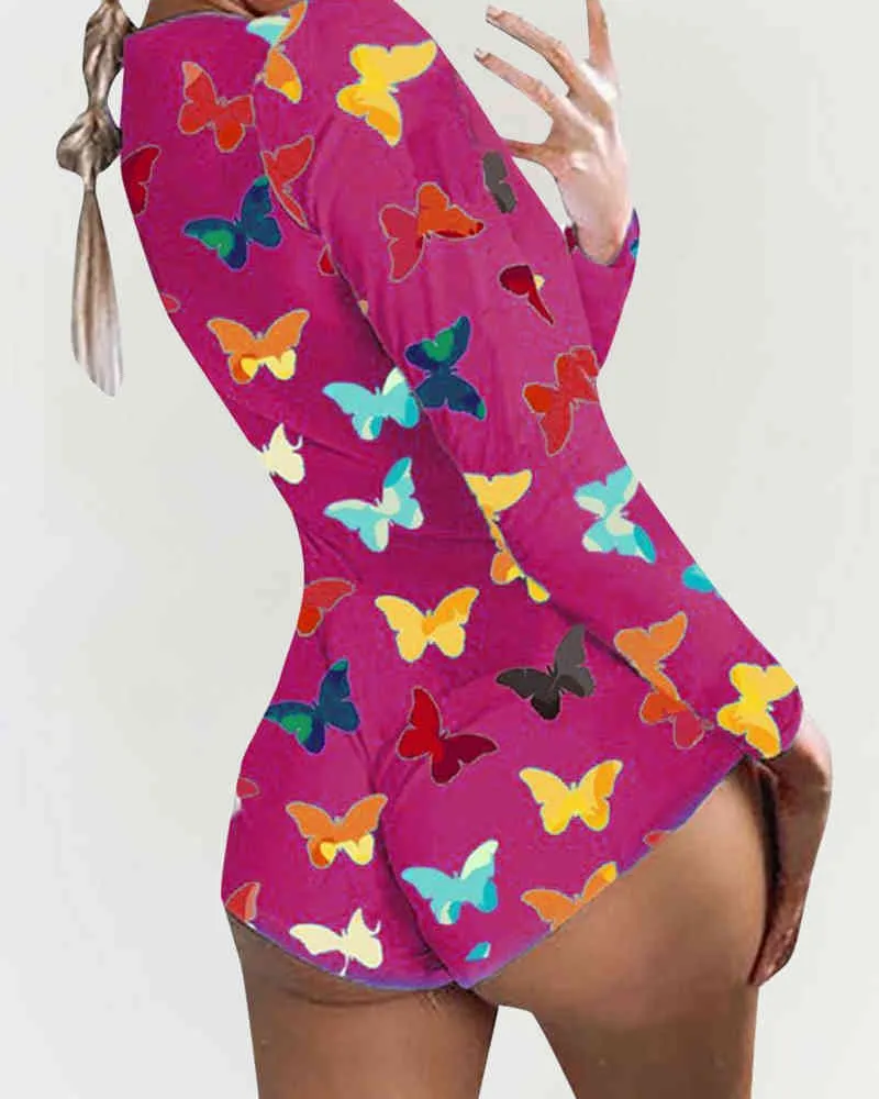 Frauen Sexy Plus Größe Schmetterling Druck Langarm Dünne Strampler Tiefem V-ausschnitt Nette Pyjama Femme Kurzen Overall Dame Kleidung 210415