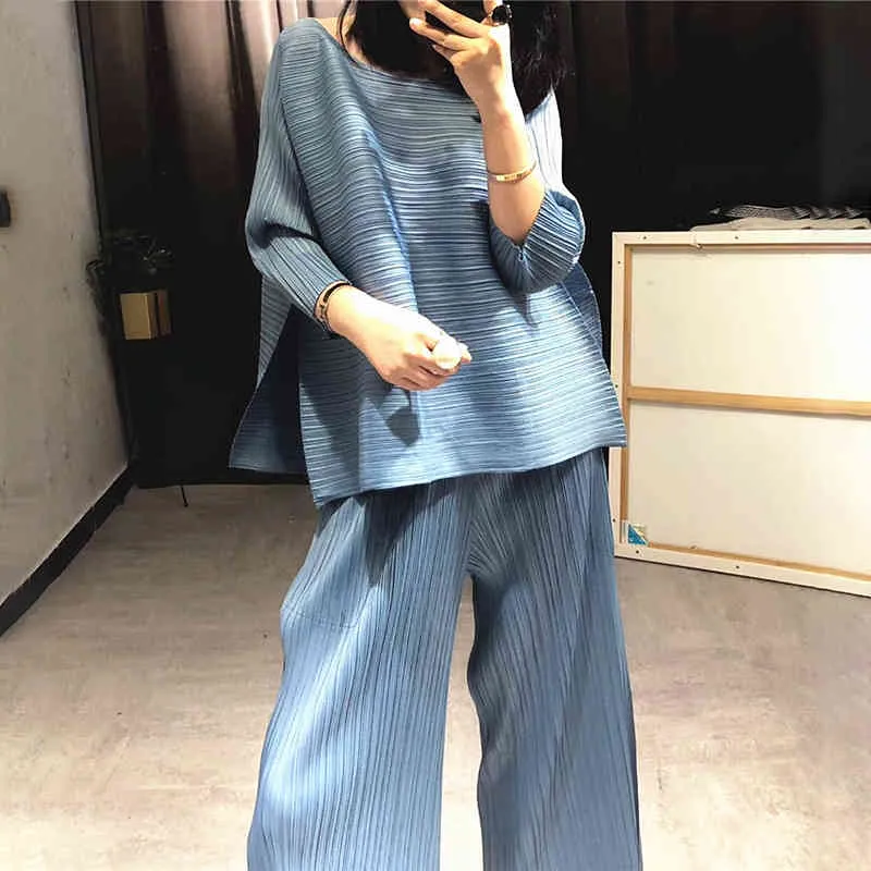 DEAT Suit Woman Casual Style Solid Round Collar Pullover T Shirt Wide Leg Pants High Elastic Summer Fashion AT427 210331