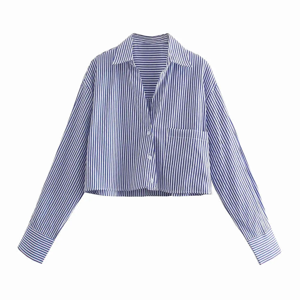 Women Shirts and Blouses Feminine Blouse Top Long Sleeve Casual Blue Turn-down Collar OL Style Loose cropped striped shirt 210510