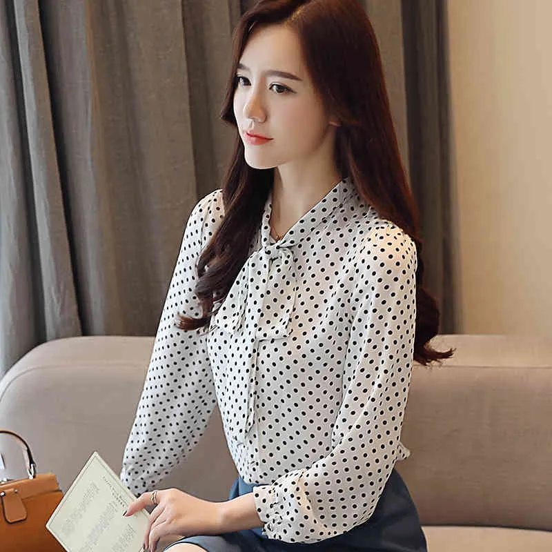 Autumn Korean Chiffon Shirts Polka Dot Casual Blouse Women Cardigan Tops Fashion Bow Tie Loose Long Sleeve Blusas 10642 210518