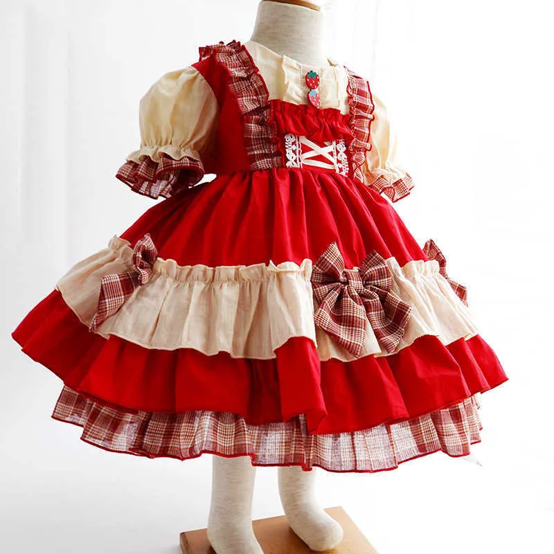 Neonate Vestito spagnolo Bambini Lolita Principessa Abiti vintage rossi Bambino Festa di compleanno Abito da ballo Adolescente Strawberry Vestidos 210615