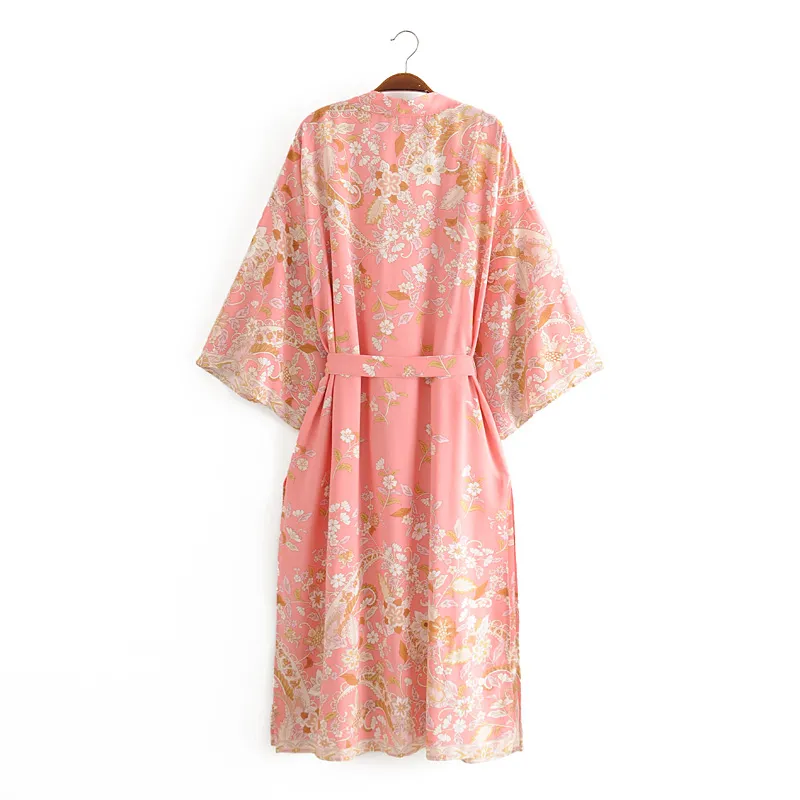 Chu Sau beauty Fashion Boho Vintage Print Long Top Donna Holiday Loose Ladies Kimono Beach Sashes Cardigan Donna 210508