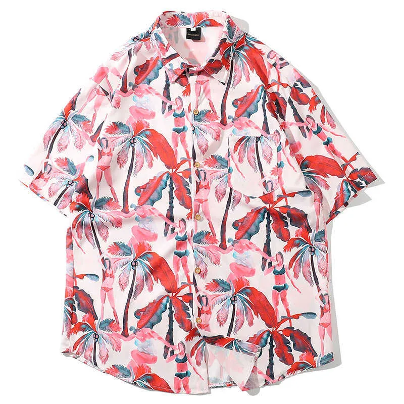 Camicia hawaiana da uomo Bikini rosa Ragazza stampa cocco Camicie da spiaggia a maniche corte larghe leggere da uomo 210527