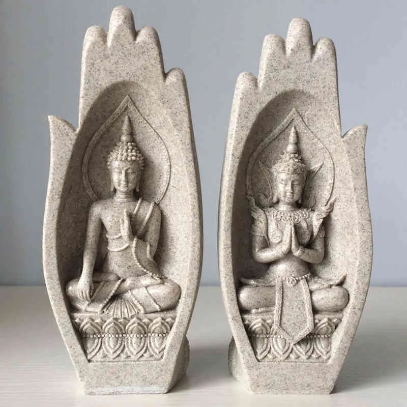 2 sztuk / zestaw Piaskowca Palm Buddha Statua Salon Dekoracji Buddy Rzeźby Północna Europa Home Decor Budha Figurki 210414