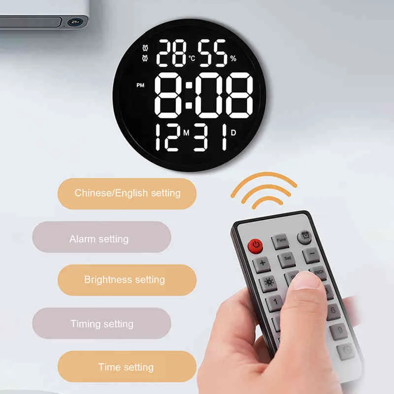 Orologio da parete semplice Orologio elettronico silenzioso rotondo da 12 pollici Display digitale Temperatura Umidità Data Calendario Orologio Decorazione domestica H1230