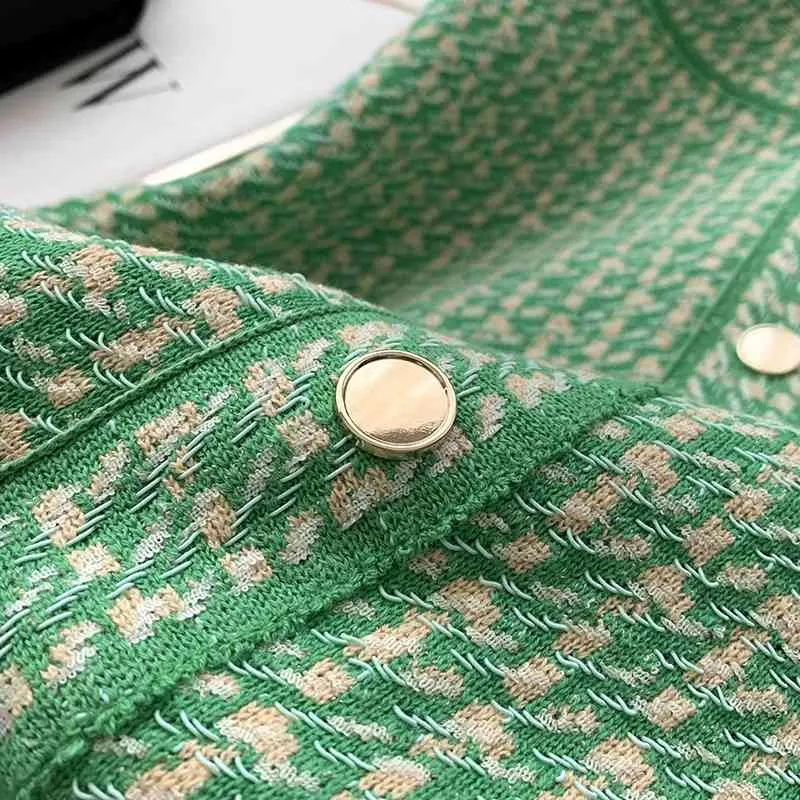 Grön Houndstooth Silk Cotton Knit Klänning 60% Ulltröja Sommar Högkvalitativ Damkläder 210520