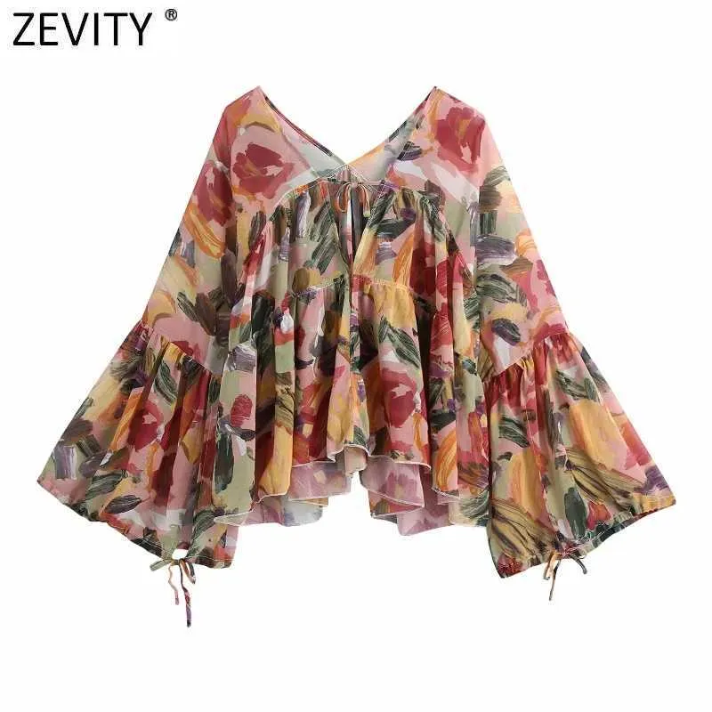 Zevity Donne tropicale Fiore Stampa Fiore Sunscreen Chiffon Smock Blusa Femmina V Neck Flare Sleeve Shirts Chic Blusas Tops LS7710 210603