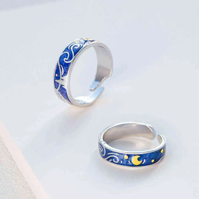 Par Ring Koreansk 925 Sterling Silver Van Gogh Starry Par Öppna Ring Enkel Blå Starry Design Alla hjärtans dag Smycken Gilla G1125