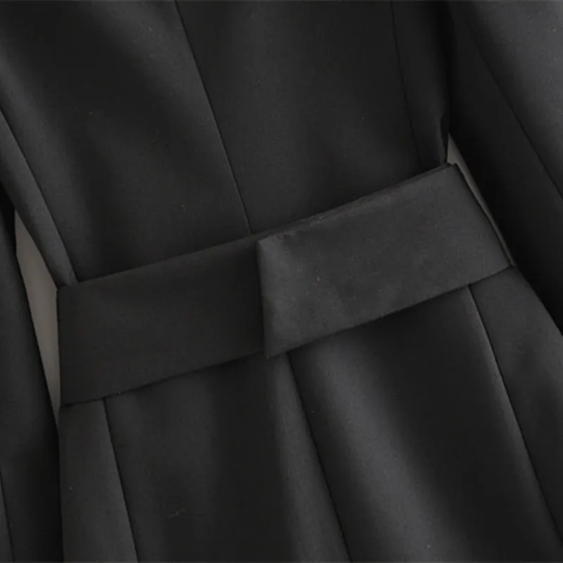 カジュアルな女性ブラックVネックスリムブレザーコートファッションレディース秋パフスリーブスーツコート女性エレガントなサッシジャケット210515