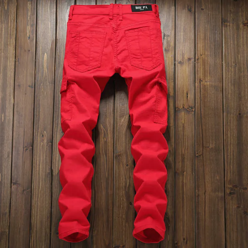 Jeans för män Skinny Slim Fit Röd vår 2021 Nya Multi Fickor Designer Streetwear Hip Hop Denim Pants Patchwork Mäns byxor X0621