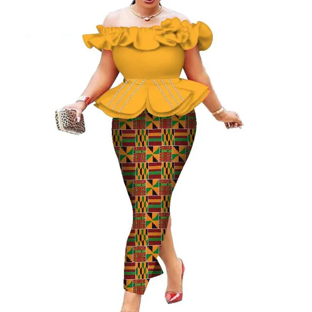 Bintarealwax Hight Quarlity Mujeres africanas Vestido de dos piezas Dashiki Top corto de algodón y falda Ropa de Ankara Ropa de África Buena costura Trajes WY5793