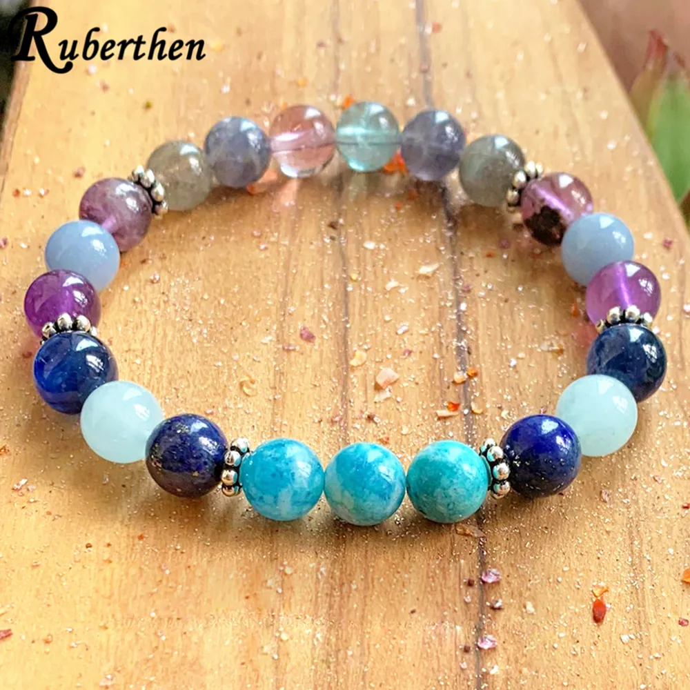 MG1003 Echte blauwe apatiet chakra armband regenboog fluoriet mala armband Natural Aqua Marine lapis lazuli energiebracelet279s