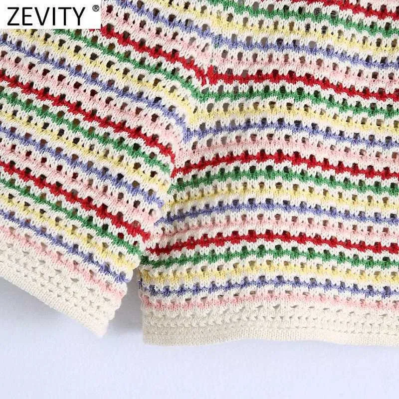 Zevity Women Fashion Rainbow Striped Jacquard Bermuda Shorts Female Chic High Waist Knitted Slim Pantalone Cortos P1021 210603