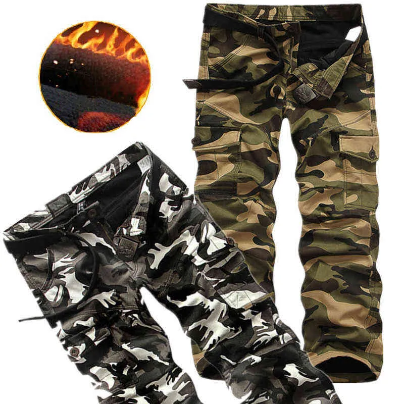 Pantaloni cargo in pile da uomo pantaloni multi-tasche larghi casual da uomo inverno militare esercito combattimento mimetico pantaloni tattici abbigliamento maschile 211112