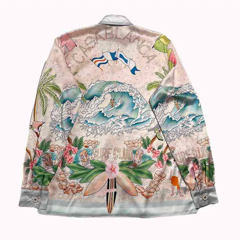 Camisa masculina de alta qualidade estilo Casablanc surf club 22ss onda gradiente flor seda manga longa camisas