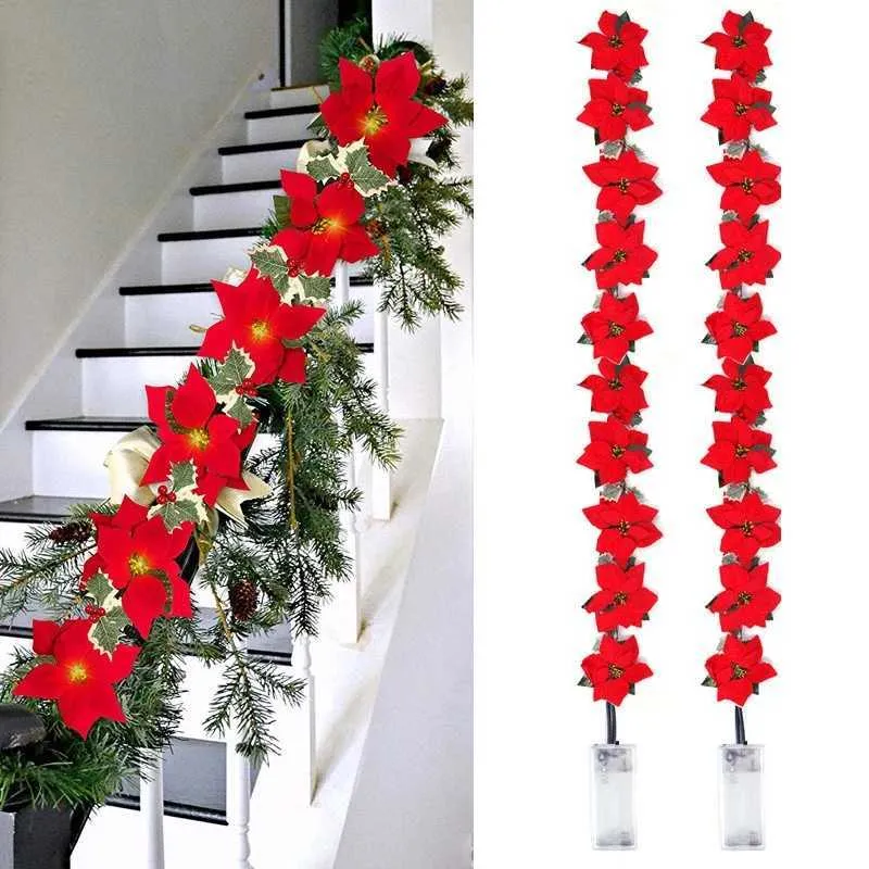 2m 10led Jul Konstgjorda Poinsettia Blommor Garland String Lights Holly Leaves Xmas Tree Ornament Jul Heminredning 211012