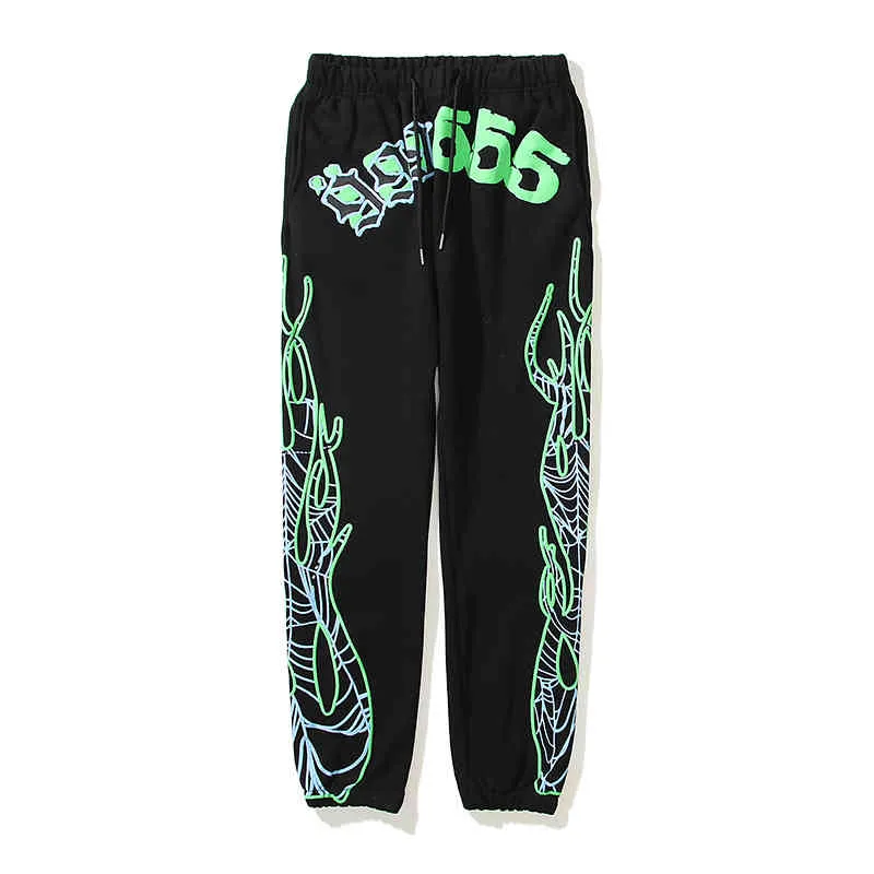 Nuevo patrón verde fluorescente 555555 Pantalones de chándal Sudaderas con capucha Sudadera Hombres Mujeres Impresión de espuma de llama Sp5der 555555 Pantalones Joggers