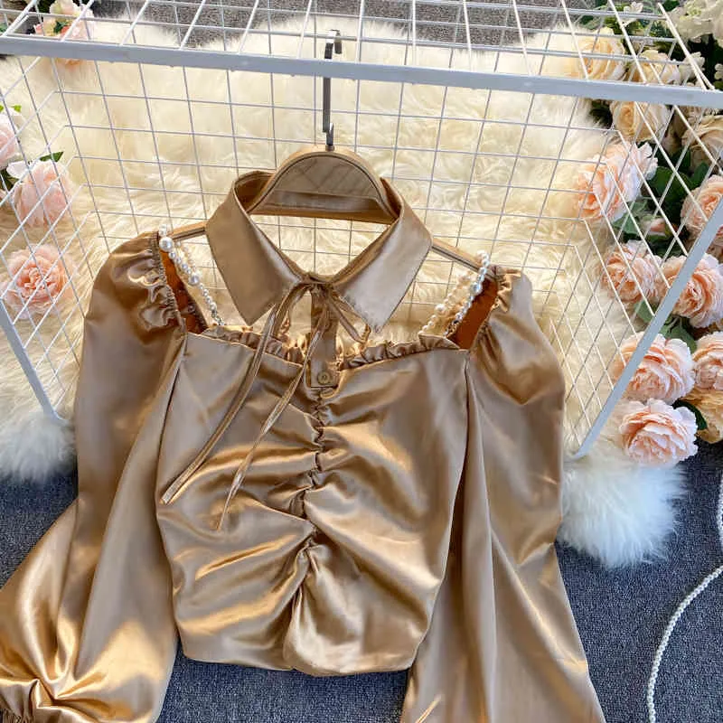 Singreiny Satijn Halter Blouse Damesontwerp Koreaanse Puff Sleeve Effen Blouses Autumn Ruched Slim Mode Streetwear Korte Tops 210419